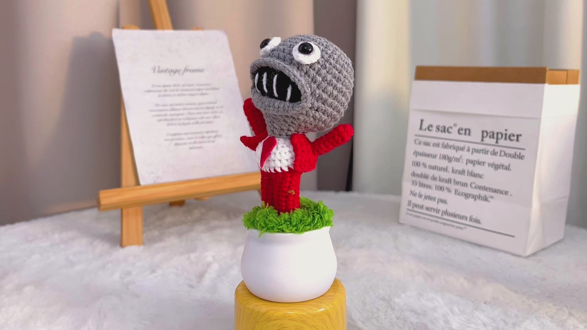 Handmade Crochet Zombie Planter - Red Suit & Tie Open-Arms Zombie
