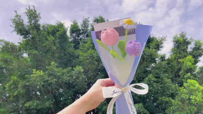 Spring Whisper Crochet Flower Bouquet - Pink Purple Tulip with White Daisy, Hypoallergenic First Meeting Gift - Perfect for Spring Occasions, Anniversaries & Special Greetings