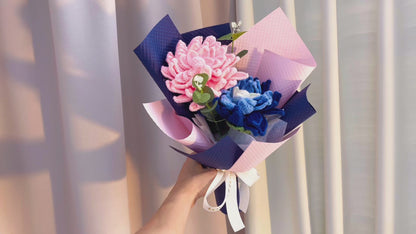 Hand Crochet Dahlia Bouquet - Hypoallergenic Artificial Pink & Blue Gradient Flowers, Gift Wrap - Allergy Free Home Decor for Wedding, Birthday, Anniversary, Mother’s Day
