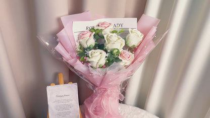 Mazzo di rose ipoallergeniche fatti a mano - Rose ombré rosa, fiocchi di bambola e eucalipto - Un pensieroso regalo per gli amanti delle rose con allergie al polline e febbre da fieno