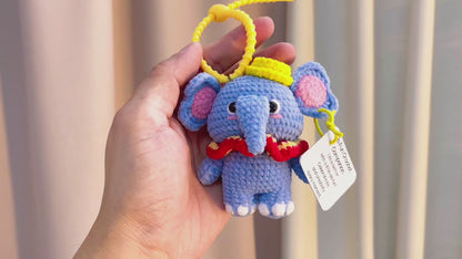 Hand Crochet Dumbo Elephant Plush - Blue Disney Inspired Keychain & Desk Decor with Custom Card, Hypoallergenic Gift for Baby Shower, Christmas, Birthday, Car Accessory