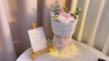 Crocheted Rose Bouquet Bucket with 9 Roses Wrapped with Fabric Bucket - Customizable Size, Rose Colors, and Fabric Color - Ideal for Weddings, Anniversaries, Birthdays, Proposals, Valentine's Day