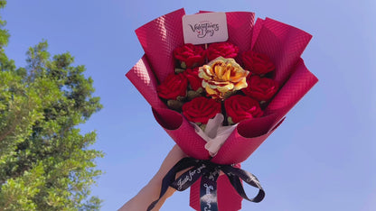 Valentine's Day Special Rose Bouquet with Plastic Gold-Plated Rose - 9 Scarlet Red Roses, "Happy Valentine's Day" Card (Customizable) - Hypoallergenic Anniversary, Proposal Gift for Her, Girlfriend, Wife