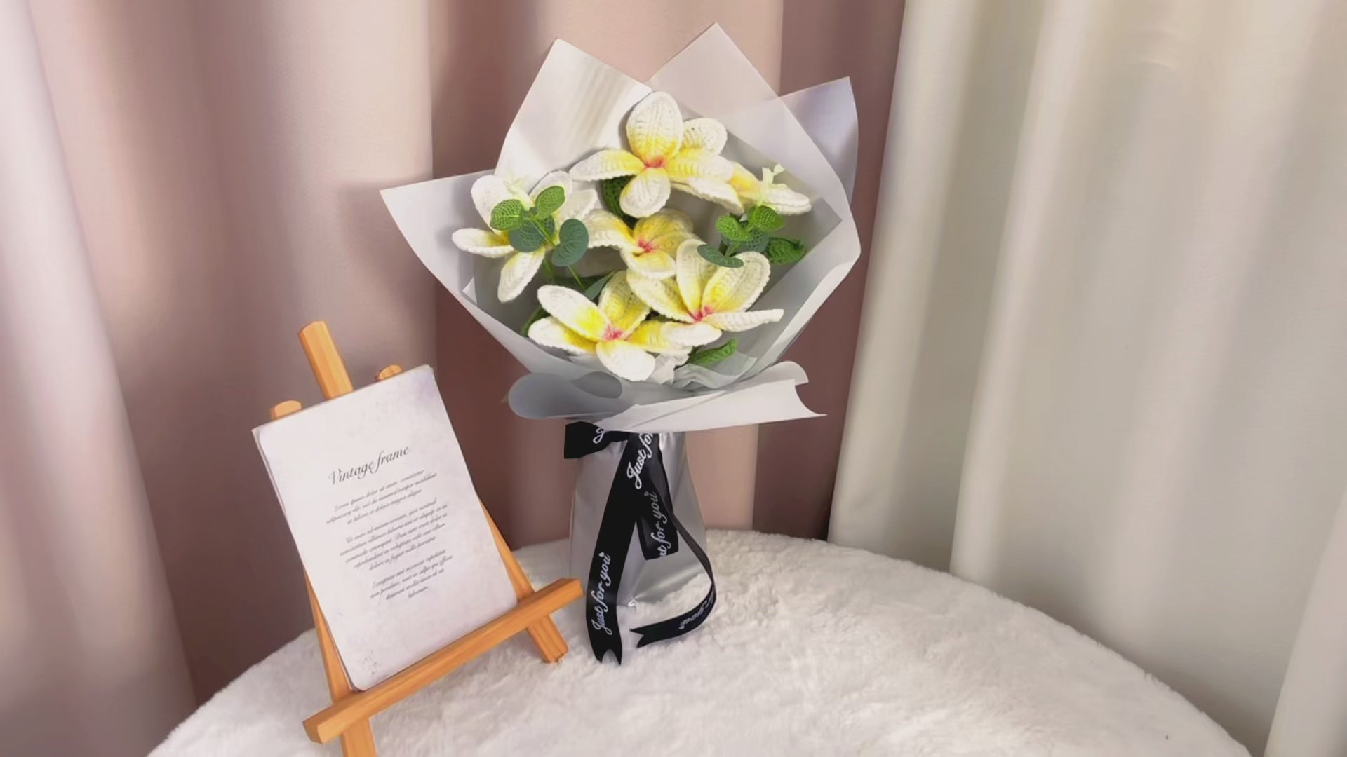 Handcrafted Crochet 12 Frangipani Bouquet with White and Silver