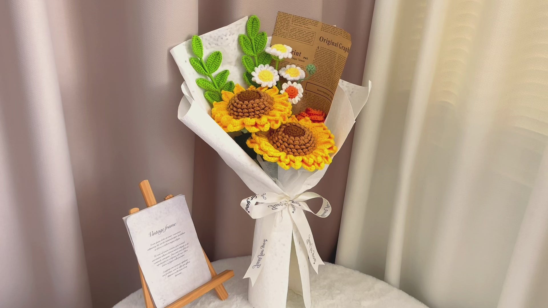 Handmade Crochet Sunflower and Daisy Bouquet in Kraft Paper Wrap