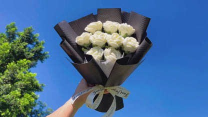 Crocheted 9 White Roses Sympathy Bouquet - Hypoallergenic Memorial Funeral Arrangement Allergy-Free Everlasting Floral Gift for Bereavement