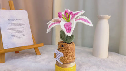 Crochet Potted Lily with Customizable Card | Handmade Artificial Yarn Flower Desk Decor | Gift for Birthday, Graduation, Mother's Day, Valentine's, Housewarming | Allergy-Friendly Forever Flower