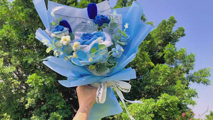Blue Hues Handcrafted Crochet Flower Bouquet - Featuring Large Ombre White to Blue Roses, Light Blue Blooming Tulips, Dark Blue Unopened Tulips, Light & Dark Blue & Ombre White to Blue Mini Roses for Home Décor & Special Occasions