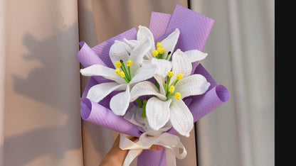 Handmade Crochet Trio-Lily Bouquet - 3 White Lilies Wrapped in Light Purple Plaid Paper, Ready-to-Give Flower, Allergy-Friendly Yarn Flowers, Gift for Birthday, Mother's Day, Valentine's, Anniversary, Graduation, Wedding