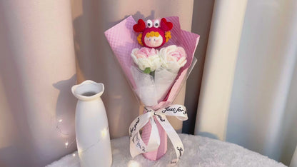 Crochet Cancer Zodiac Bouquet - Handmade Pink Roses & Plush Crab Doll - Hypoallergenic Floral Gift for Birthdays, Mother's Day - Allergy-Free Fabric Flowers