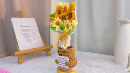 Handmade Crochet Sunflower Bouquet Desk Ornament with Customizable Card –Office Desk Decor, Home Decoration – Gift for Birthday, Graduation, Mother's Day, Valentine's Day, Anniversary, Christmas, Encouragement, Get Well Soon