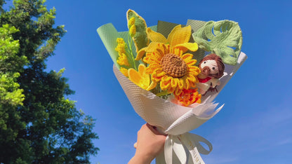 Hand-Crochet Christian Baptism Bouquet - Hypoallergenic Artificial Yellow Lily, Sunflower, Tulip, Forget-Me-Not Floral Arrangement Gift Ideas for Church, Easter, Christmas