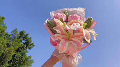 Hand Crochet Lily & Carnation Bouquet - 3 Pink White Stems with Buds, Hypoallergenic Floral Gift for Mother's Day, Anniversary, Wedding, Home Decor (Pink Gingham & White Honeycomb Wrap) - Real Touch Artificial Flowers