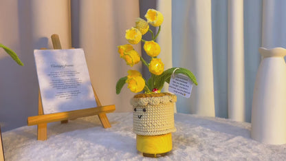 Handmade Crochet Lily of the Valley Plant with 9 LED Flowers Customizable Inspirational Card – Battery-Operated Night Light - Birthday, Get Well Soon, Supportive Gift