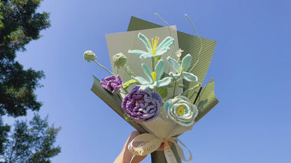Handmade Crochet Refreshing Flower Bouquet – Wrapped Bundle with Purple-Gradient Hibiscus, Mint Rain Lily & Mint Peony –Perfect for Birthday, Anniversary, Get Well Soon, New Baby, Sympathy, Wedding, Housewarming, Newborn