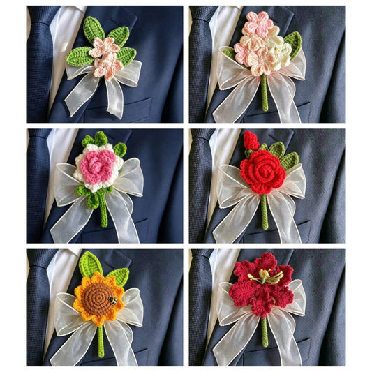 Handmade Crochet Wedding Boutonniere Set for Groom Groomsmen – Hypoallergenic Knitted Flowers Rustic Boho Prom Corsage for Ceremony, Party, Anniversary, Prom, Mother’s Day, Valentine’s