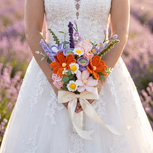 Wedding Handmade Crochet Carnation Orchid Flower Bouquet - Poppy, Gesang; Lavender Mix - Hypoallergenic Fabric Flowers - Perfect for Wedding