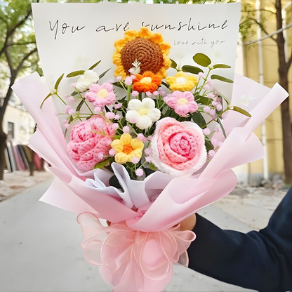 [Shipped from US] Handmade Sunflower Crochet Bouquet Arrangement with Rose Cream Puff - Allergy-Friendly Gift for Birthday Anniversary Get Well