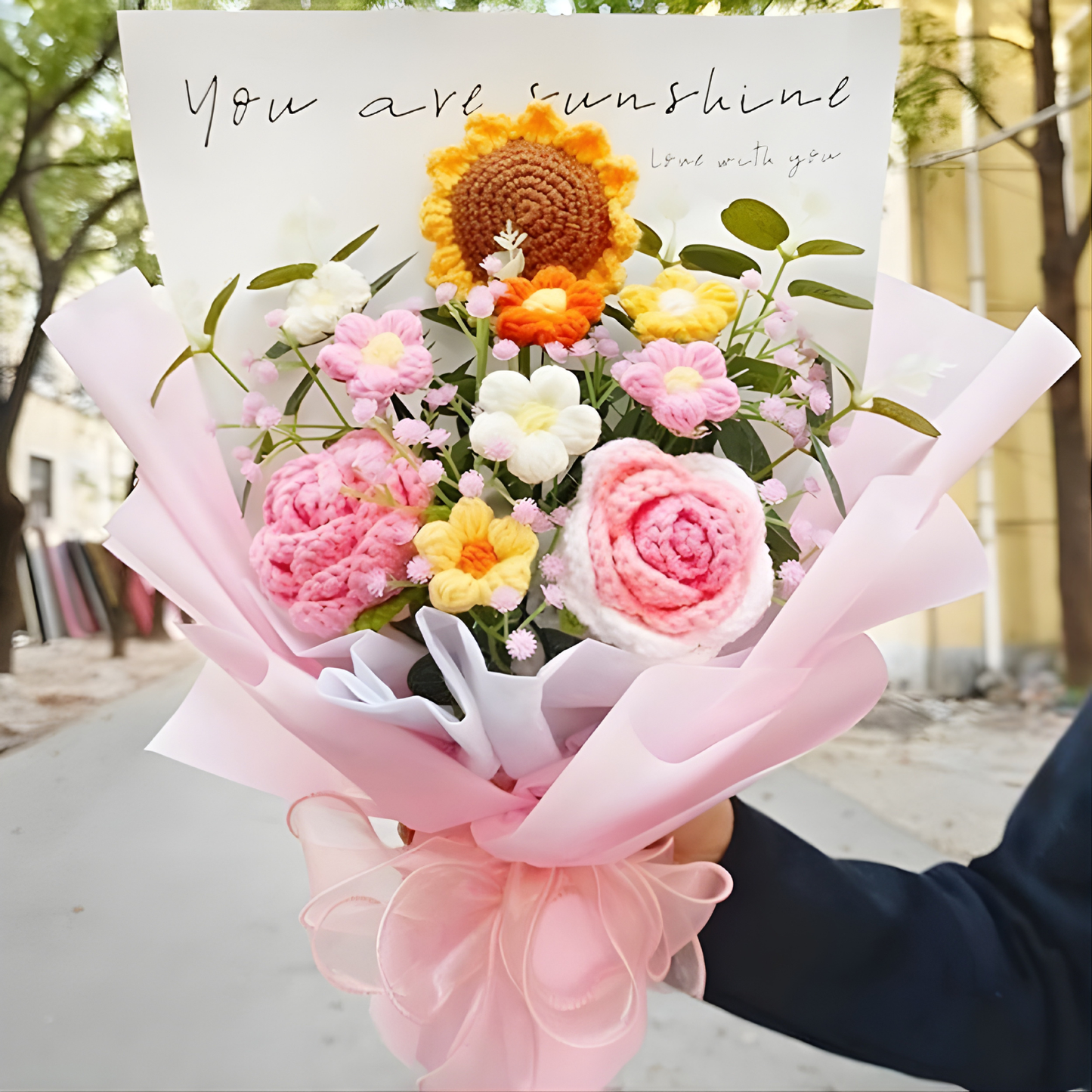 [Shipped from AU] Handmade Sunflower Crochet Bouquet Arrangement with Rose – Allergy-Friendly Gift for Birthday Anniversary Get Well