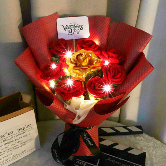 Valentine's Day Special Rose Bouquet with Plastic Gold-Plated Rose - 9 Scarlet Red Roses, "Happy Valentine's Day" Card (Customizable) - Hypoallergenic Anniversary, Proposal Gift for Her, Girlfriend, Wife