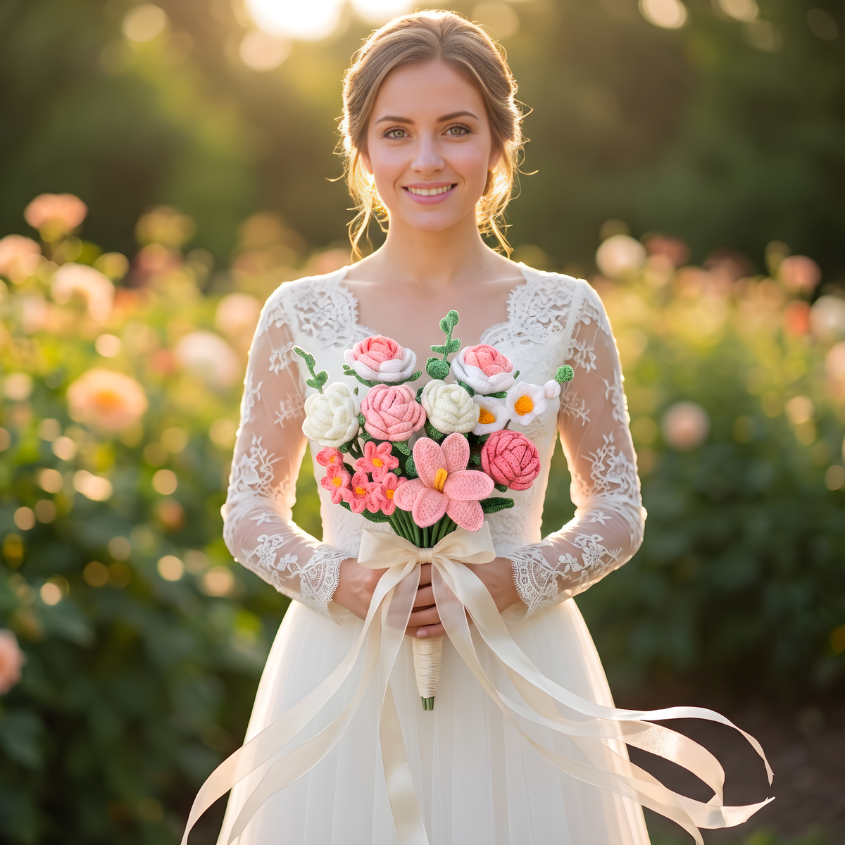 Wedding Handmade Crocheted Rose Bouquet with Lilies, Eucalyptus, Tulips, Forget-Me-Nots