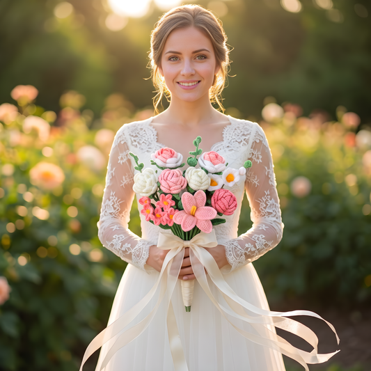 Wedding Handmade Crocheted Rose Bouquet with Lilies, Eucalyptus, Tulips, Forget-Me-Nots