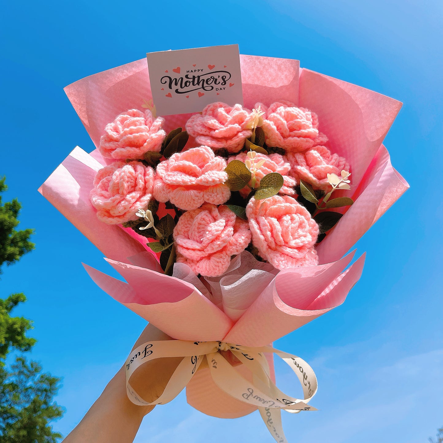 Hand Crochet Pink Rose Bouquet - 9 Stems with "Happy Mother's Day" Sign, Hypoallergenic Floral Gift for Mom, Grandma, Mother's Day, Birthday, Anniversary - Long Lasting Artificial Flowers, Home Decor - The Bloom Crafter