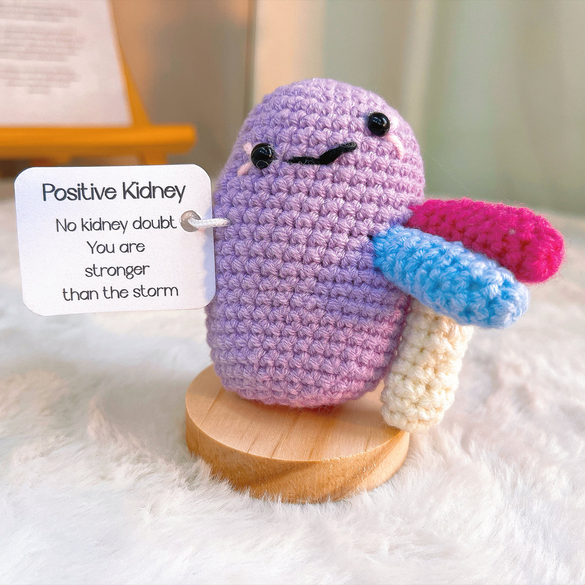 Crochet Kidney Desk Ornament Customizable Card – Handmade Gift for Get Well Soon, Surgery Recovery, Transplant, Nurses, Doctors – White Elephant, Secret Santa