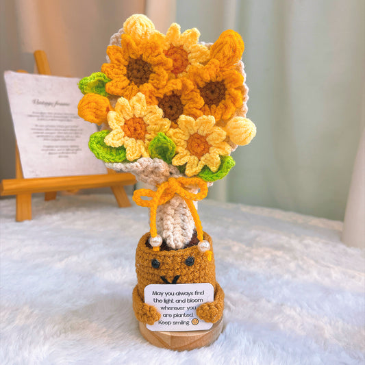 Handmade Crochet Sunflower Bouquet Desk Ornament with Customizable Card –Office Desk Decor, Home Decoration – Gift for Birthday, Graduation, Mother's Day, Valentine's Day, Anniversary, Christmas, Encouragement, Get Well Soon