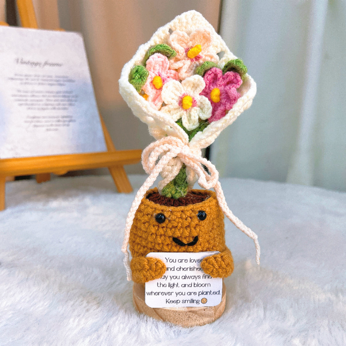 Handmade Crochet Mini Bouquet with Wooden Base, Purple Lavender Handheld Potted Yarn Flowers with Custom Card | Gift for Birthday, Mother's Day, Anniversary, Graduation, Get Well Soon