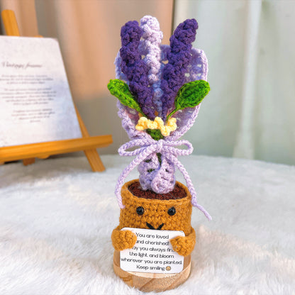 Handmade Crochet Mini Bouquet with Wooden Base, Purple Lavender Handheld Potted Yarn Flowers with Custom Card | Gift for Birthday, Mother's Day, Anniversary, Graduation, Get Well Soon