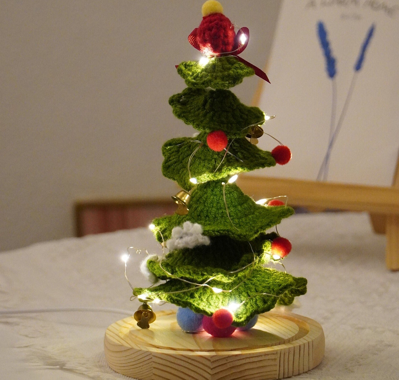 Christmas Pine Tree Crochet, LED Light, Glass Dome, Stake, Yarn Handmade Indoor Decoration, Xmas July, Holiday Festive, Centerpiece, Fathers