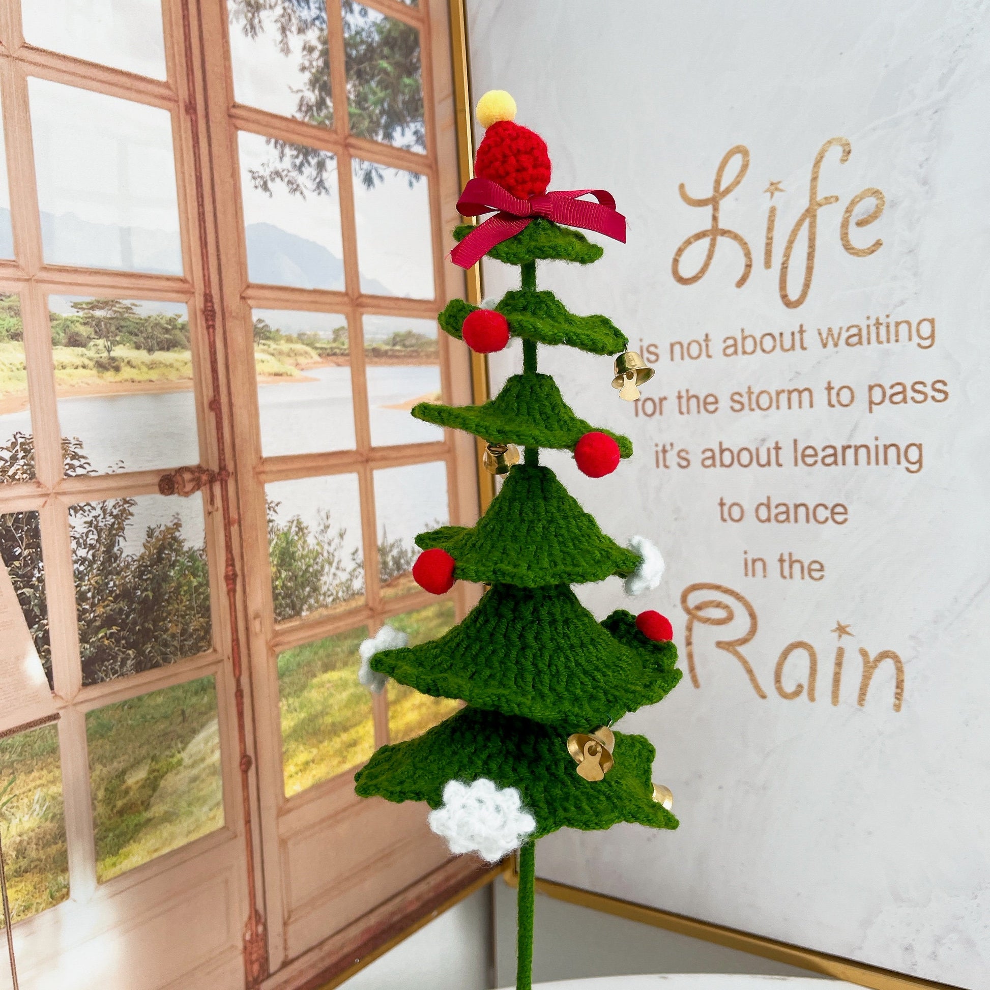 Christmas Pine Tree Crochet, LED Light, Glass Dome, Stake, Yarn Handmade Indoor Decoration, Xmas July, Holiday Festive, Centerpiece, Fathers